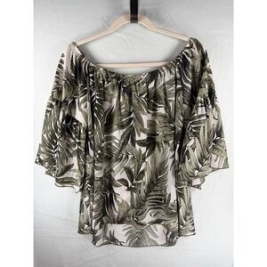 Tyche Womens Green Tropical Palm Print Off Shoulder Bell Sleeve Blouse Large USA